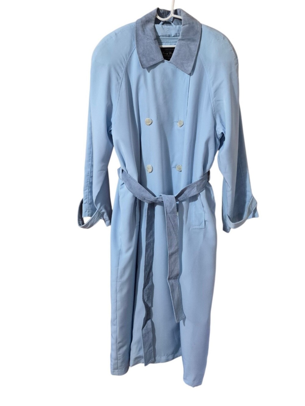 Terry Lewis Light Blue Trench Coat with Suede Contrast Collar and Belt Sz 1X NWT